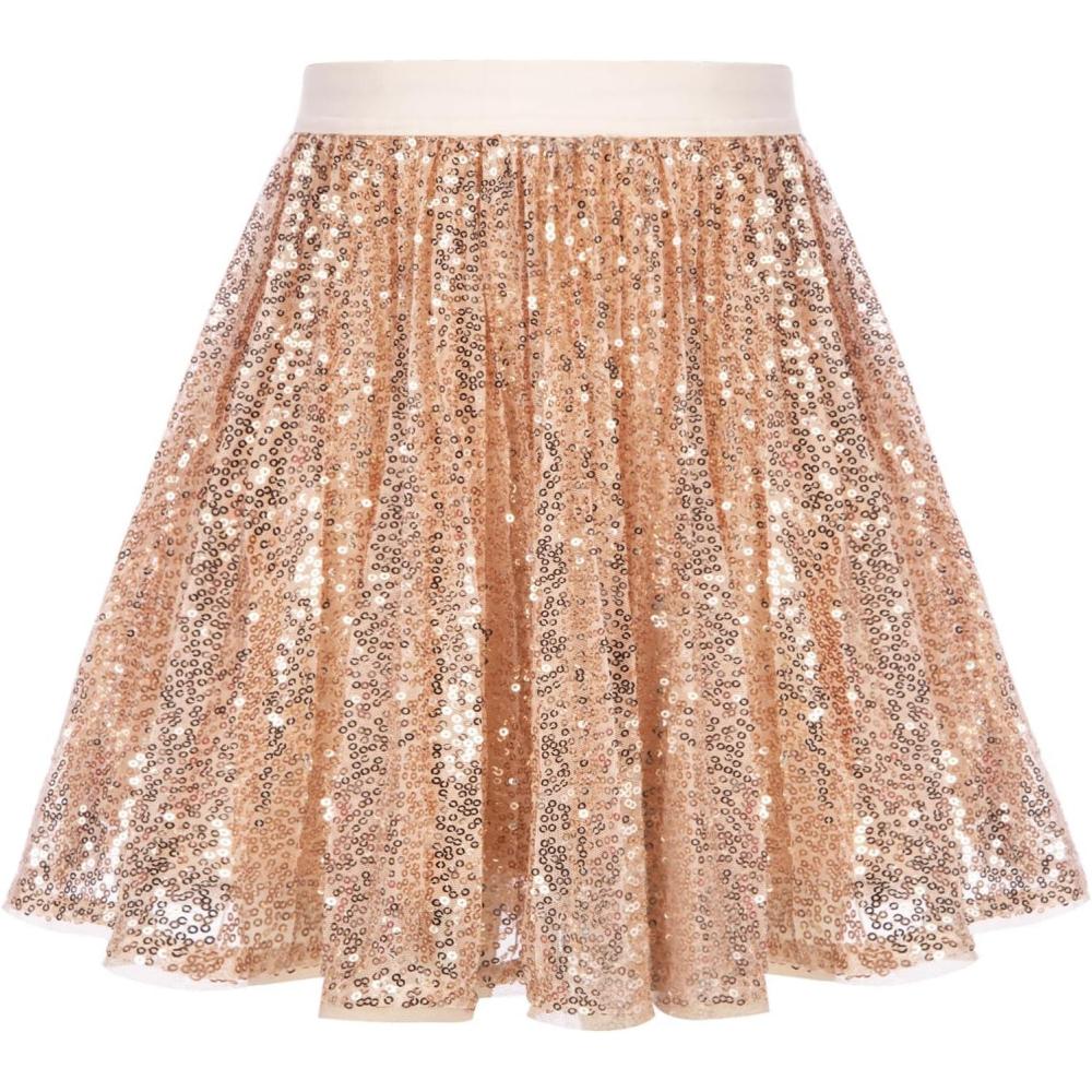 imageGRACE KARIN Girls Sequin Skirt Elastic Waist Sparkle Pleated Skirt for Party 514YRose Gold