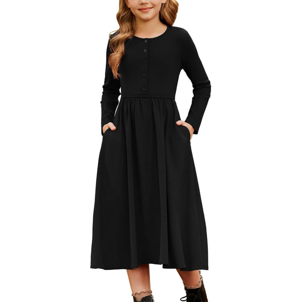 imageGRACE KARIN Girls Spring Long Sleeve Dresses Girl Casual Maxi Dress with Pockets Kids Formal Party DressBlack