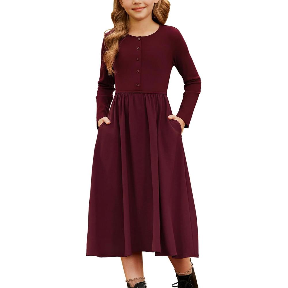 imageGRACE KARIN Girls Spring Long Sleeve Dresses Girl Casual Maxi Dress with Pockets Kids Formal Party DressBurgundy