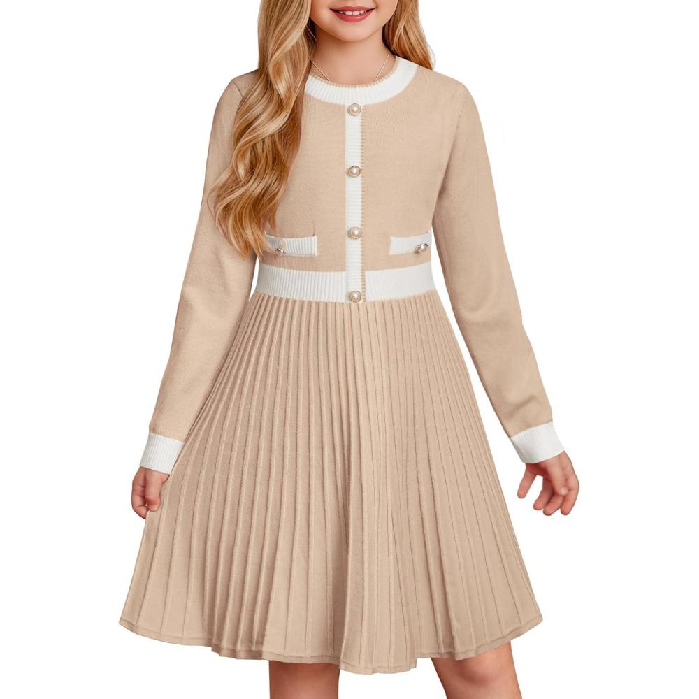 imageGRACE KARIN Girls Sweater Fall Dress Long Sleeve Knit A Line Contrast Casual Winter Dresses 614YBeige