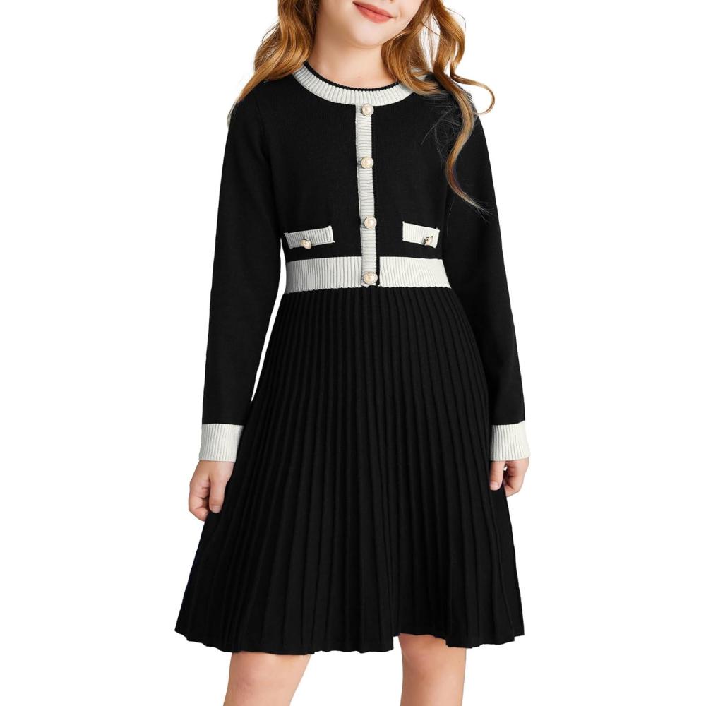 imageGRACE KARIN Girls Sweater Fall Dress Long Sleeve Knit A Line Contrast Casual Winter Dresses 614YBlack