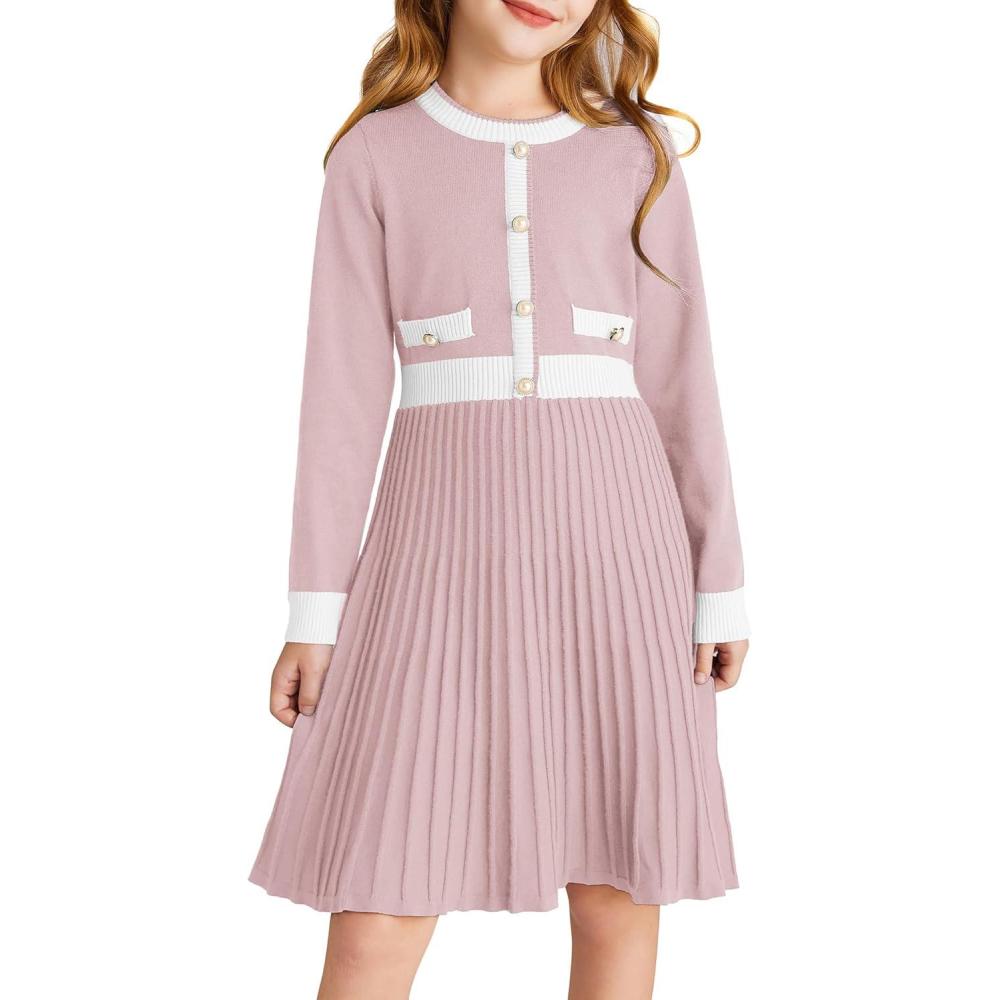imageGRACE KARIN Girls Sweater Fall Dress Long Sleeve Knit A Line Contrast Casual Winter Dresses 614YPink