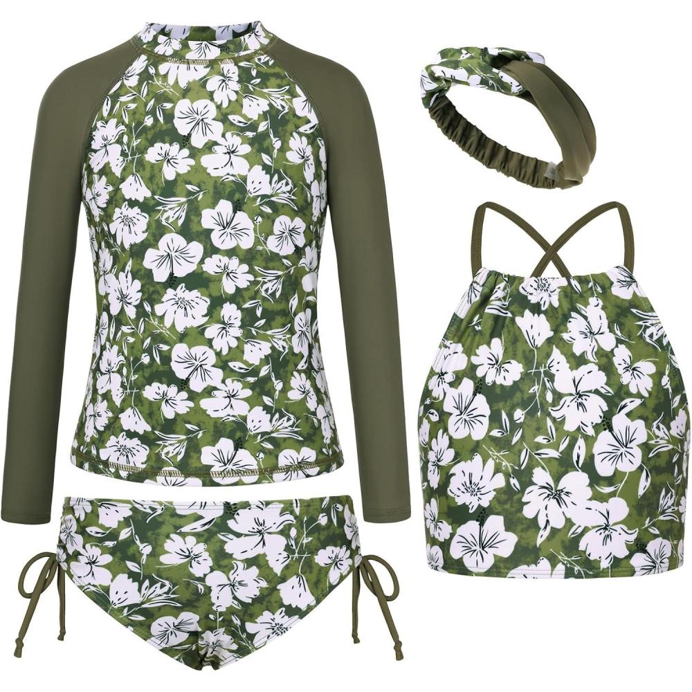 imageGRACE KARIN Girls Swimsuit Tankini Set Rash Guard Long Sleeve Swimsuit 4 Piece Bathing Suit Swimwear 514YArmy Green Floral