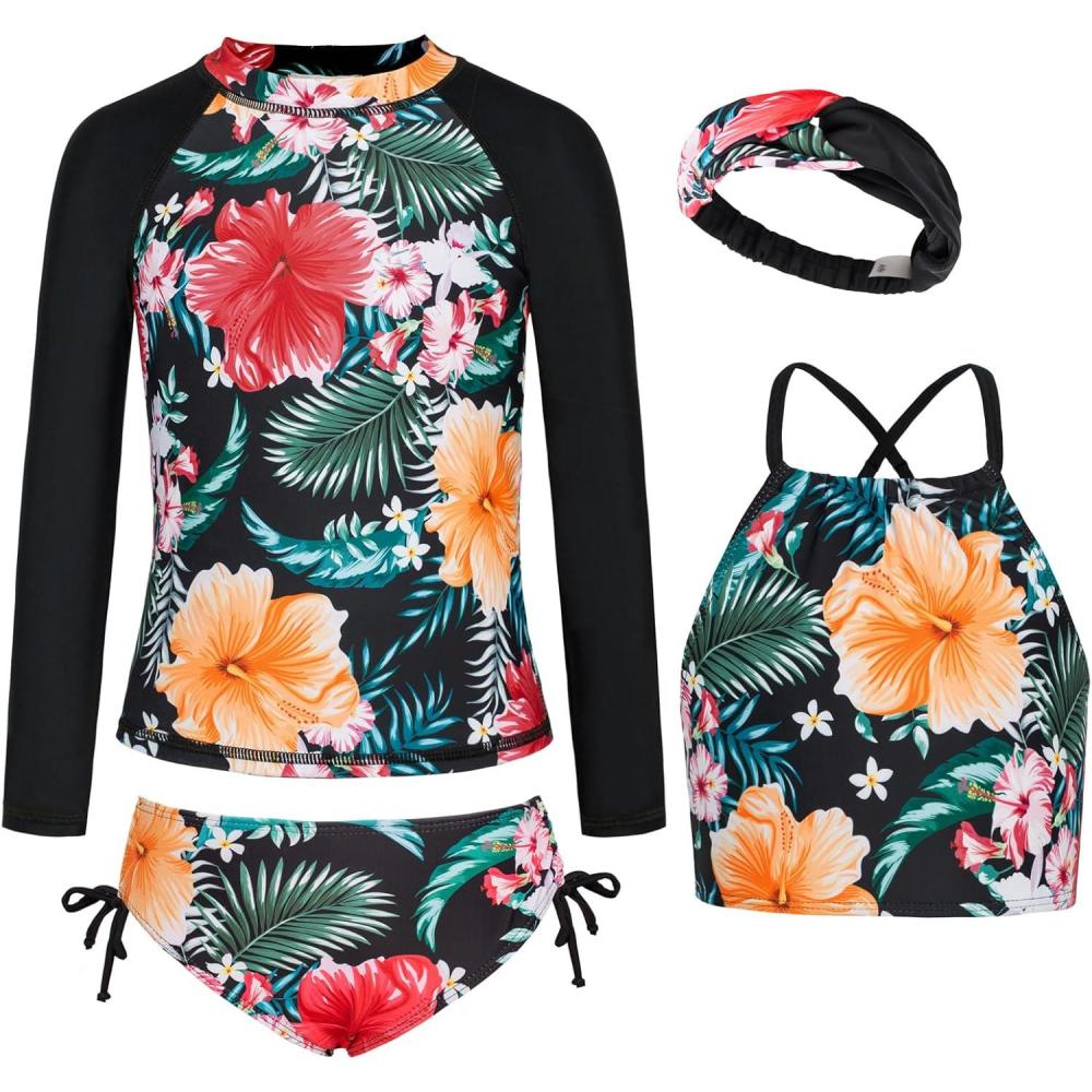 imageGRACE KARIN Girls Swimsuit Tankini Set Rash Guard Long Sleeve Swimsuit 4 Piece Bathing Suit Swimwear 514YBlack Floral