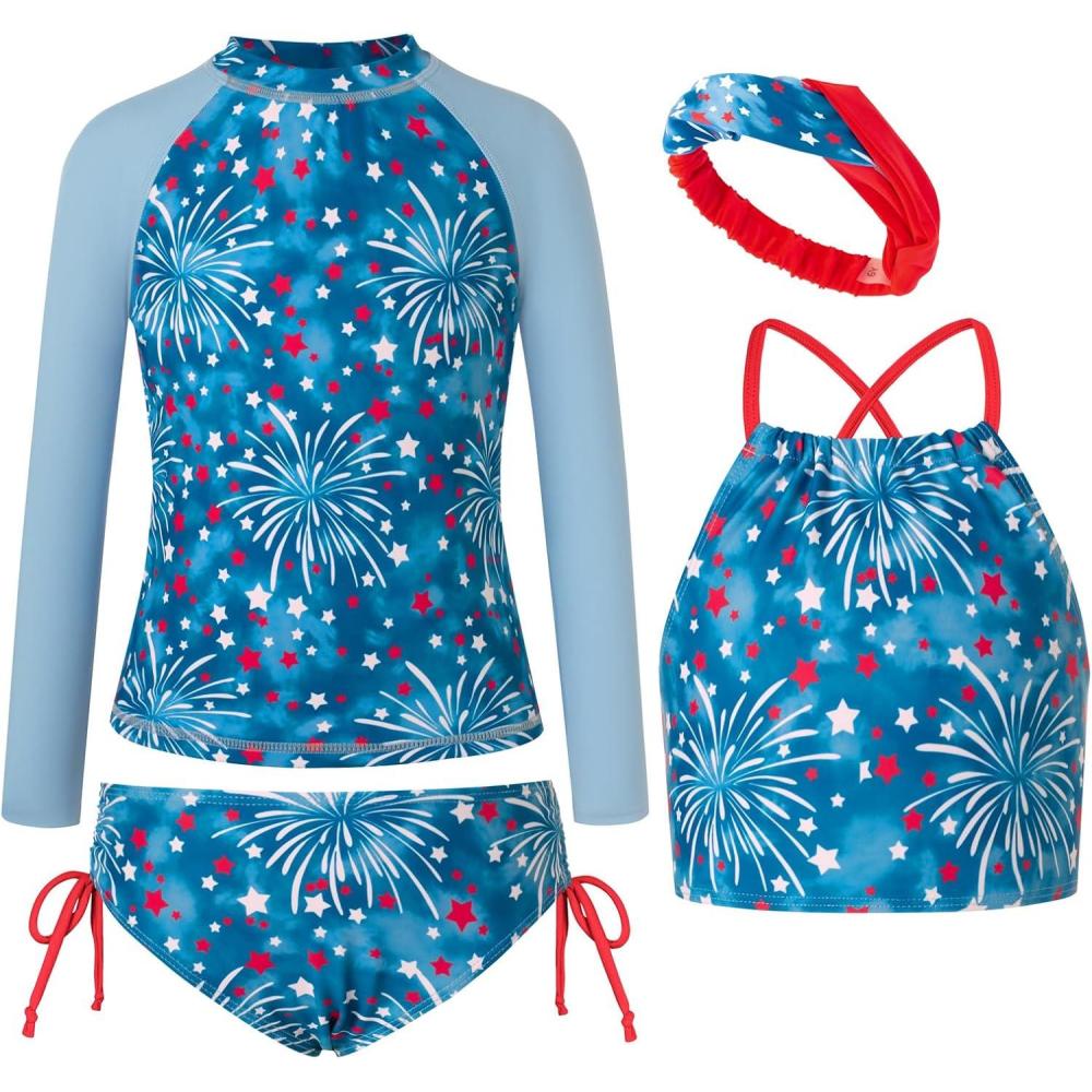 imageGRACE KARIN Girls Swimsuit Tankini Set Rash Guard Long Sleeve Swimsuit 4 Piece Bathing Suit Swimwear 514YBlue