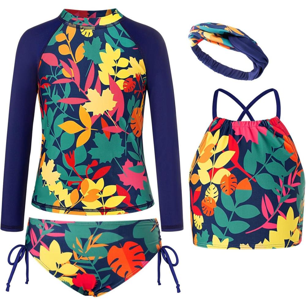 imageGRACE KARIN Girls Swimsuit Tankini Set Rash Guard Long Sleeve Swimsuit 4 Piece Bathing Suit Swimwear 514YBlue Purple Leaves