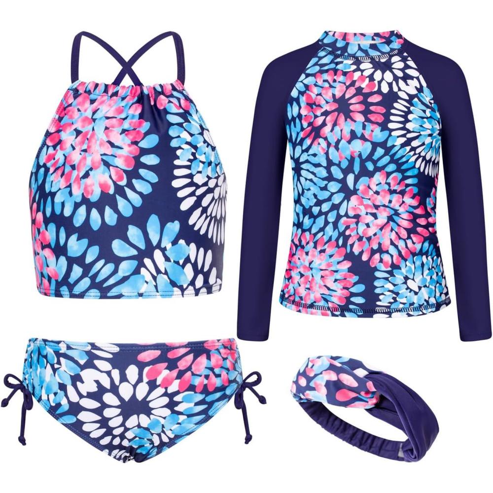 imageGRACE KARIN Girls Swimsuit Tankini Set Rash Guard Long Sleeve Swimsuit 4 Piece Bathing Suit Swimwear 514YDark Blue Print