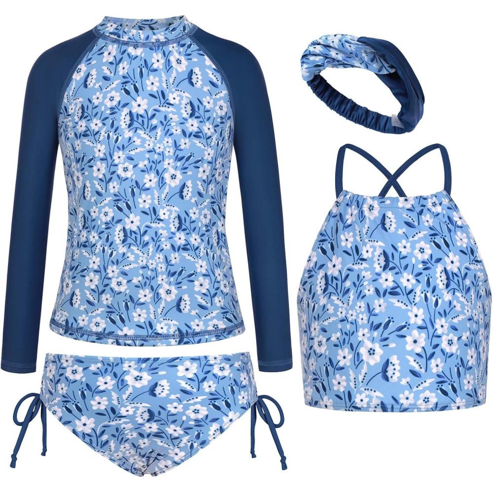 imageGRACE KARIN Girls Swimsuit Tankini Set Rash Guard Long Sleeve Swimsuit 4 Piece Bathing Suit Swimwear 514YGray Blue Floral