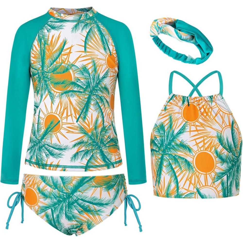 imageGRACE KARIN Girls Swimsuit Tankini Set Rash Guard Long Sleeve Swimsuit 4 Piece Bathing Suit Swimwear 514YGreen Blue Coconut Tree