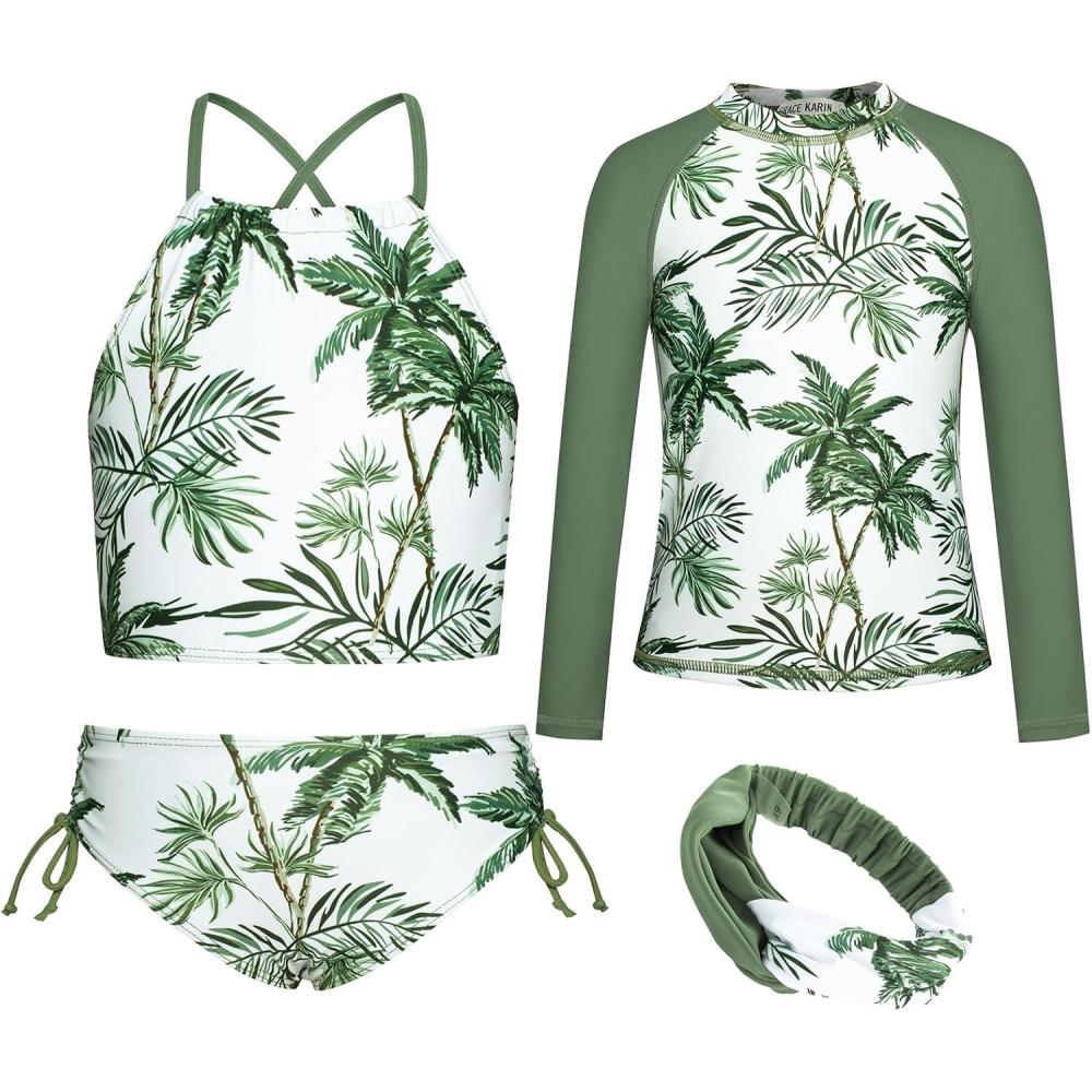 imageGRACE KARIN Girls Swimsuit Tankini Set Rash Guard Long Sleeve Swimsuit 4 Piece Bathing Suit Swimwear 514YGreen Coconut Tree