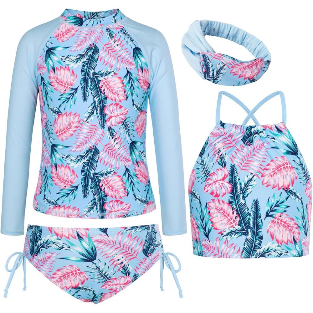 imageGRACE KARIN Girls Swimsuit Tankini Set Rash Guard Long Sleeve Swimsuit 4 Piece Bathing Suit Swimwear 514YLight Blue Leaves