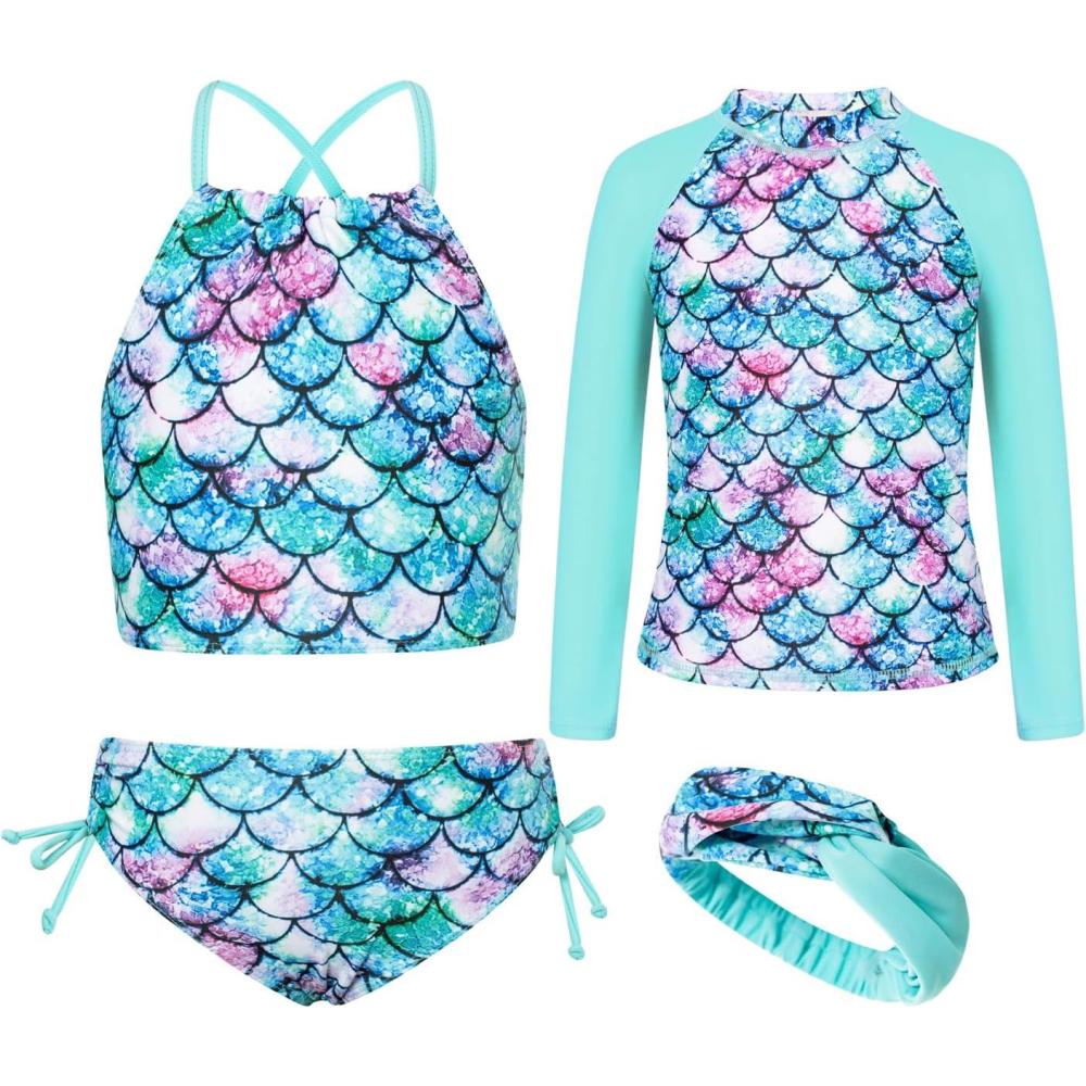 imageGRACE KARIN Girls Swimsuit Tankini Set Rash Guard Long Sleeve Swimsuit 4 Piece Bathing Suit Swimwear 514YLight Green Memaid