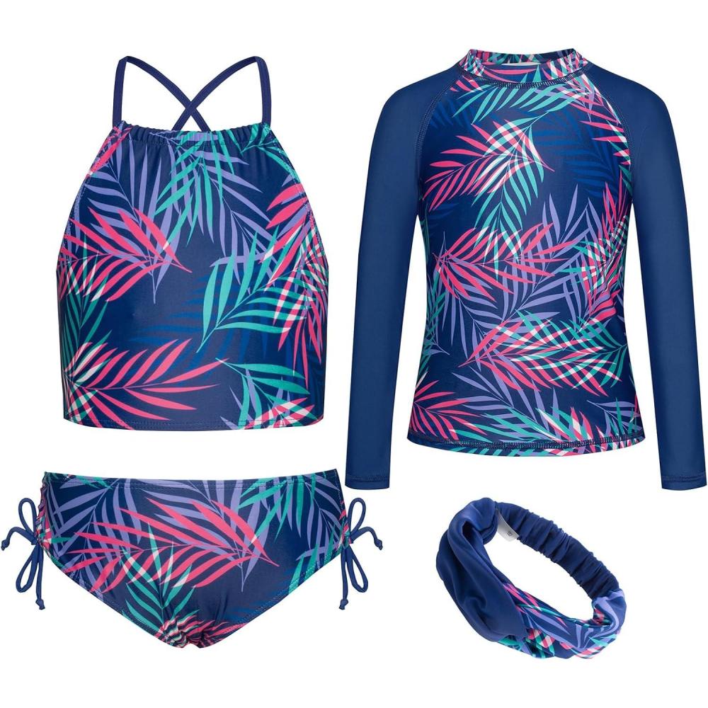 imageGRACE KARIN Girls Swimsuit Tankini Set Rash Guard Long Sleeve Swimsuit 4 Piece Bathing Suit Swimwear 514YNavy Blue Leaves