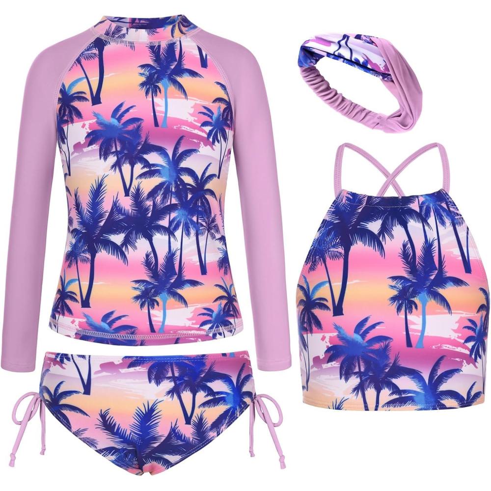 imageGRACE KARIN Girls Swimsuit Tankini Set Rash Guard Long Sleeve Swimsuit 4 Piece Bathing Suit Swimwear 514YPink Purple Coconut