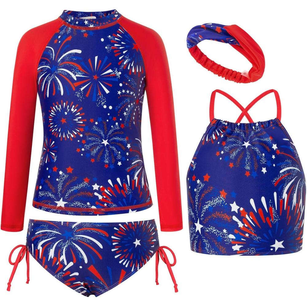 imageGRACE KARIN Girls Swimsuit Tankini Set Rash Guard Long Sleeve Swimsuit 4 Piece Bathing Suit Swimwear 514YRed