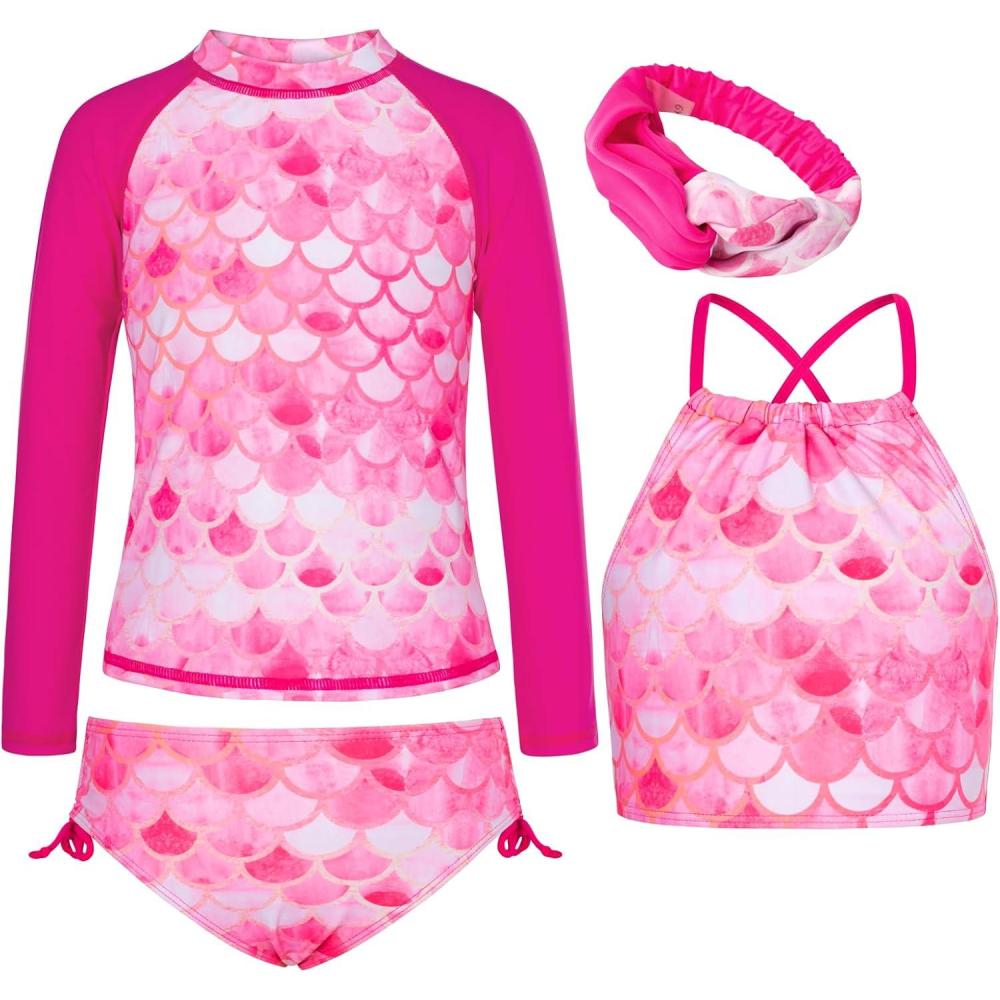 imageGRACE KARIN Girls Swimsuit Tankini Set Rash Guard Long Sleeve Swimsuit 4 Piece Bathing Suit Swimwear 514YRose Red Memaid