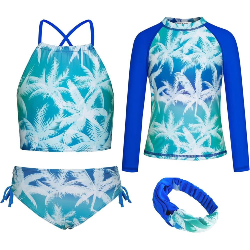 imageGRACE KARIN Girls Swimsuit Tankini Set Rash Guard Long Sleeve Swimsuit 4 Piece Bathing Suit Swimwear 514YRoyal Blue Coconut Tree