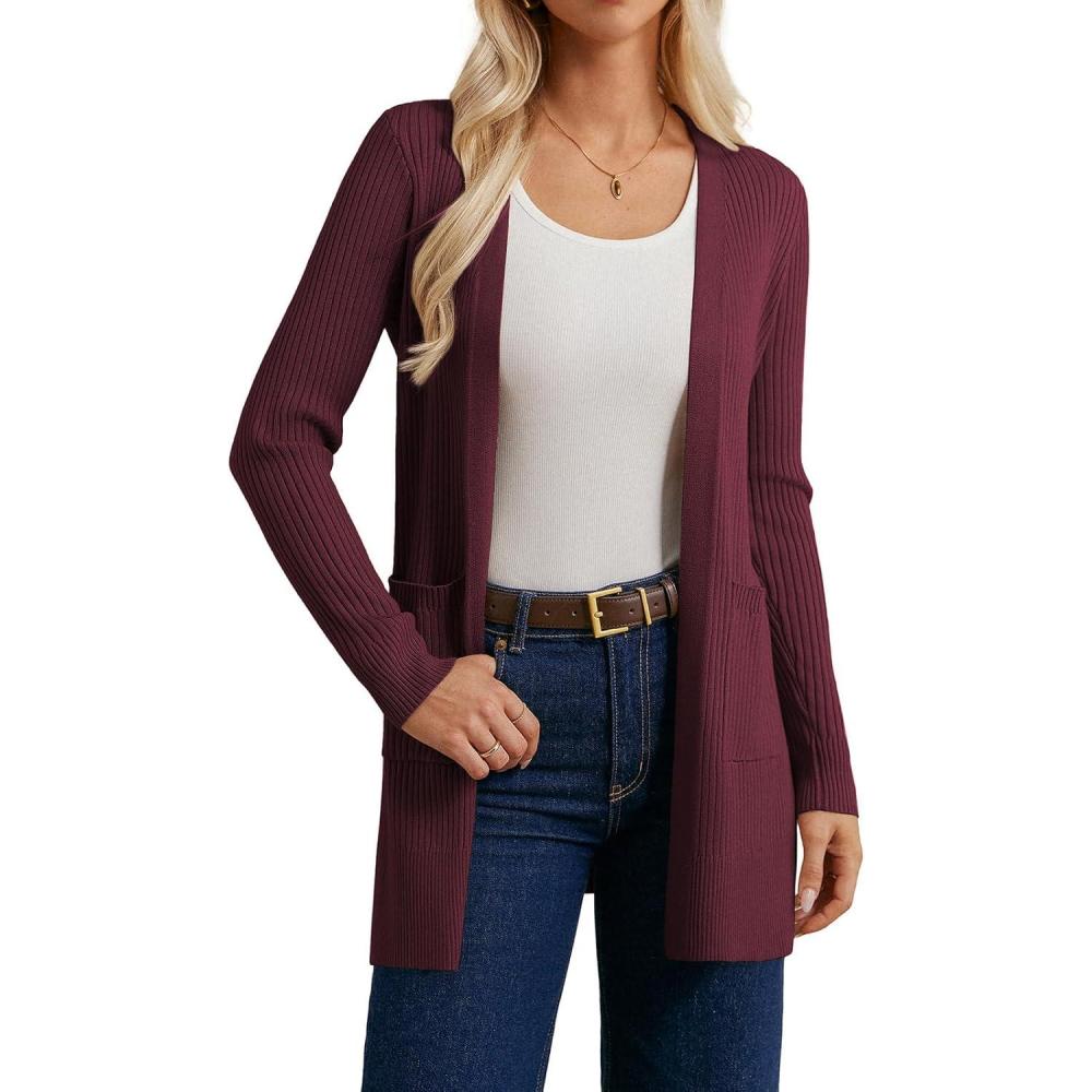 imageGRACE KARIN Long Sleeve Cardigan Sweaters for Women Lightweight Long Cardigans Open Front Dressy Casual JacketBurgundy