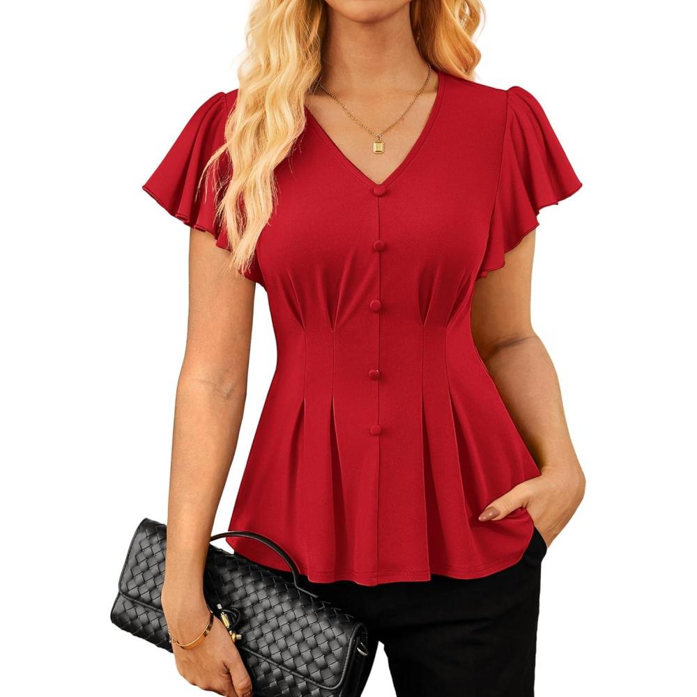 imageGRACE KARIN Summer Blouses for Women Dressy Casual 2026 Ruffle Sleeve Peplum Tops V Neck Business Work ShirtsRed