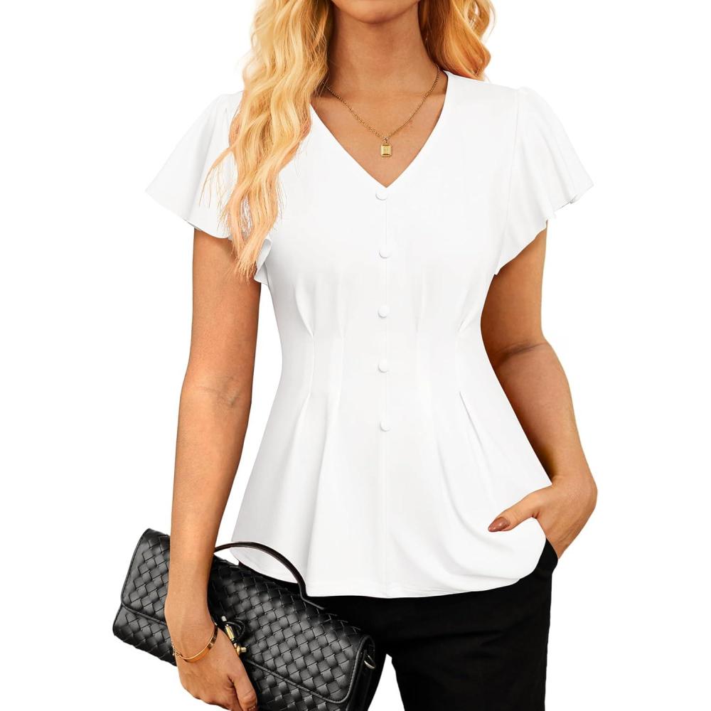 imageGRACE KARIN Summer Blouses for Women Dressy Casual 2026 Ruffle Sleeve Peplum Tops V Neck Business Work ShirtsWhite