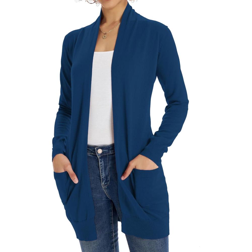 imageGRACE KARIN Women Lightweight Cardigan Sweaters with Pocket Long Sleeve ShrugsClassic Blue