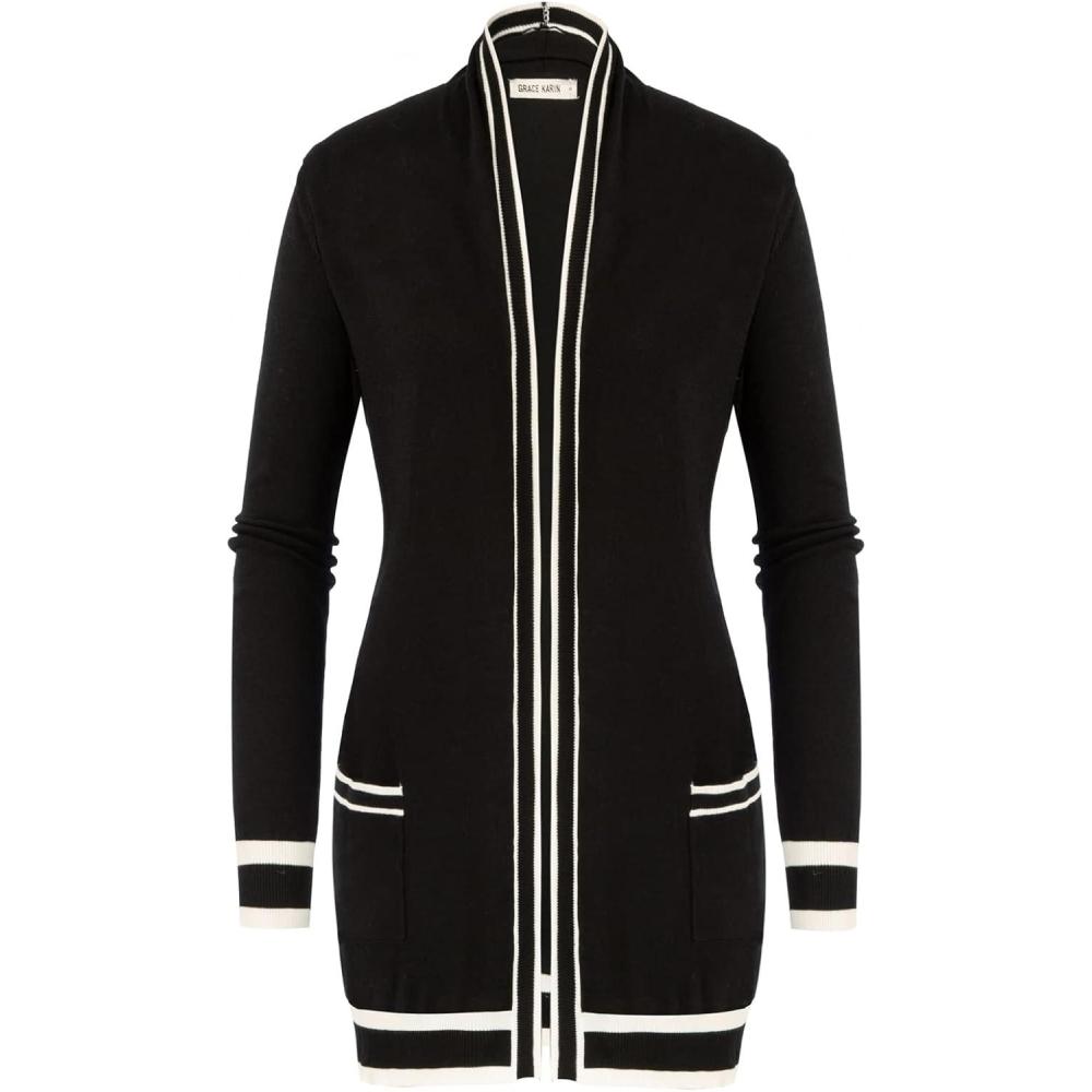 imageGRACE KARIN Women Lightweight Cardigan Sweaters with Pocket Long Sleeve ShrugsContrast Black
