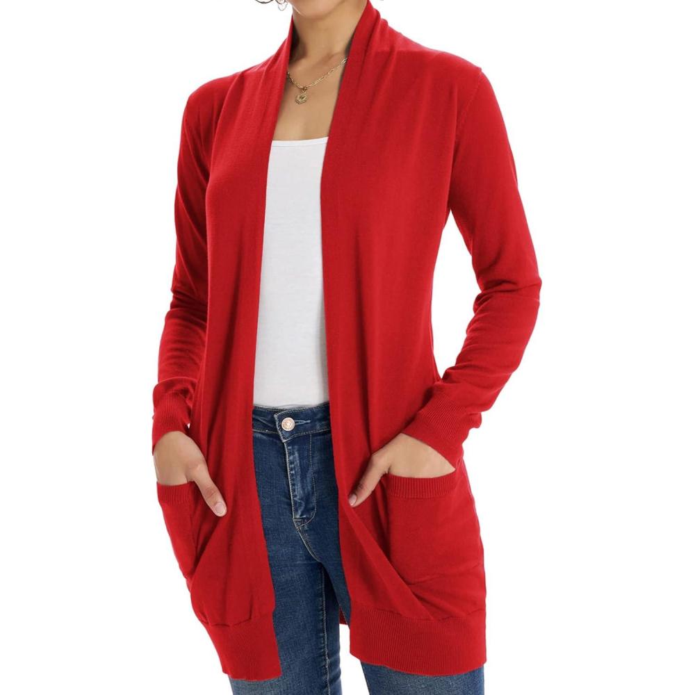 imageGRACE KARIN Women Lightweight Cardigan Sweaters with Pocket Long Sleeve ShrugsRed