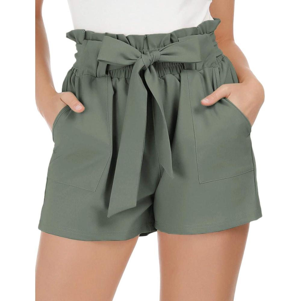 imageGRACE KARIN Women Summer Casual Shorts with Pockets Bowknot Tie WaistCl93light Grayish Green
