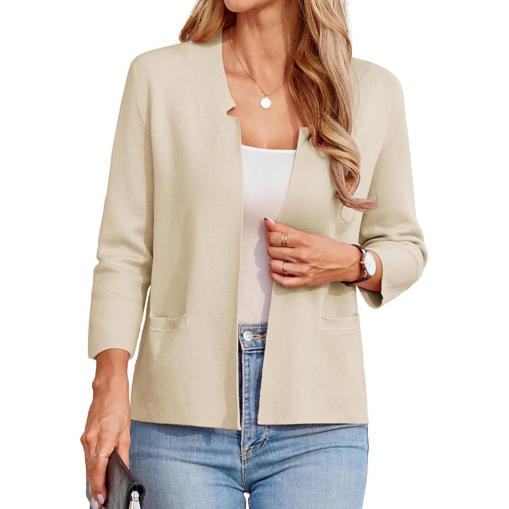 imageGRACE KARIN Women Sweater Blazer 34 Sleeve Cropped Cardigan Lightweight Notch Collar Knit Blazer Jacket Business CasualBeige