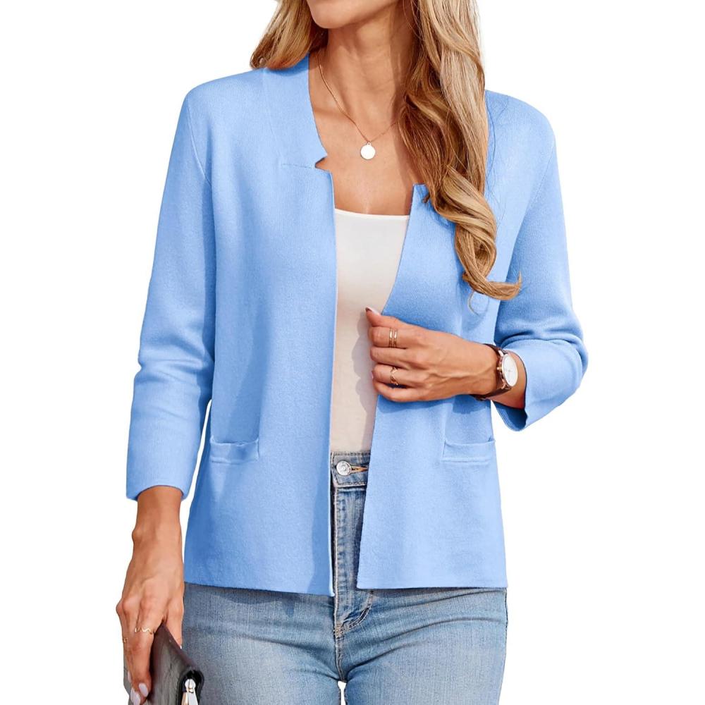 imageGRACE KARIN Women Sweater Blazer 34 Sleeve Cropped Cardigan Lightweight Notch Collar Knit Blazer Jacket Business CasualBlue