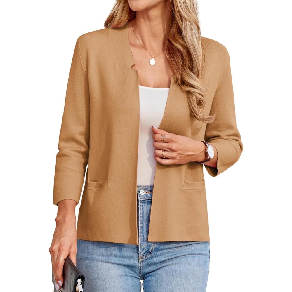 imageGRACE KARIN Women Sweater Blazer 34 Sleeve Cropped Cardigan Lightweight Notch Collar Knit Blazer Jacket Business CasualBrown