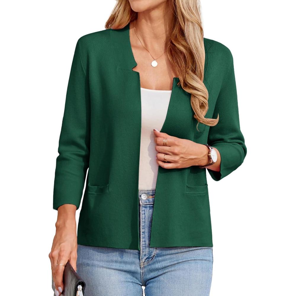 imageGRACE KARIN Women Sweater Blazer 34 Sleeve Cropped Cardigan Lightweight Notch Collar Knit Blazer Jacket Business CasualDark Green