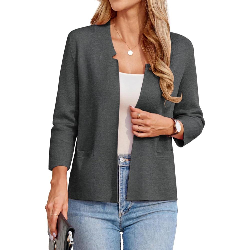 imageGRACE KARIN Women Sweater Blazer 34 Sleeve Cropped Cardigan Lightweight Notch Collar Knit Blazer Jacket Business CasualDark Heather Gray