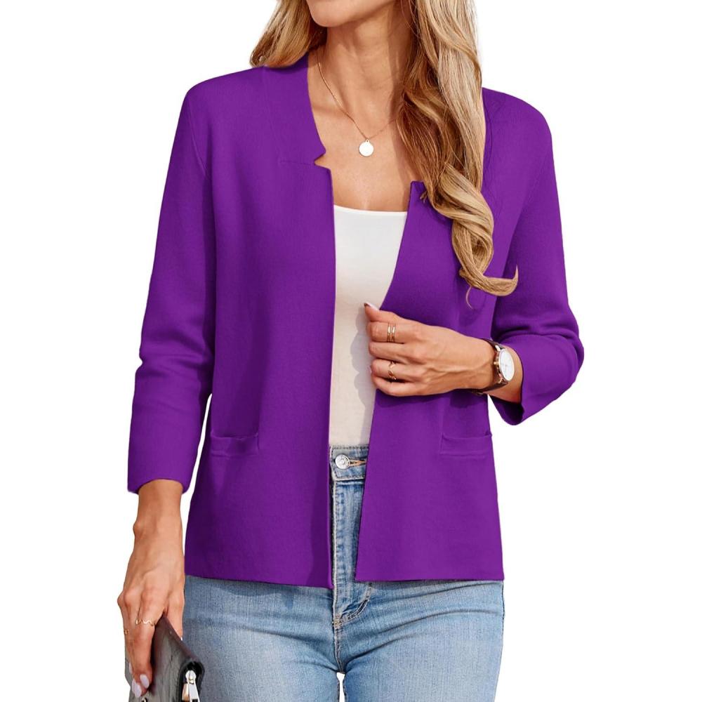 imageGRACE KARIN Women Sweater Blazer 34 Sleeve Cropped Cardigan Lightweight Notch Collar Knit Blazer Jacket Business CasualPurple