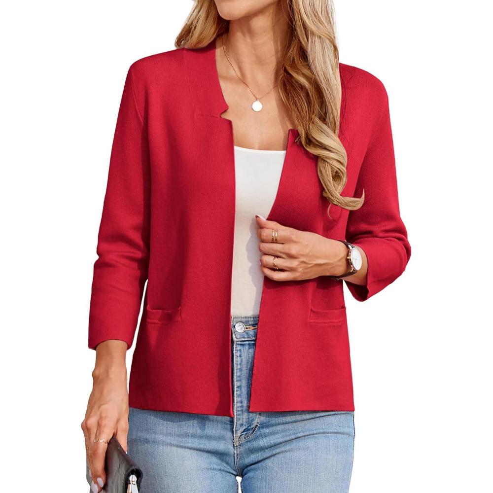 imageGRACE KARIN Women Sweater Blazer 34 Sleeve Cropped Cardigan Lightweight Notch Collar Knit Blazer Jacket Business CasualRed