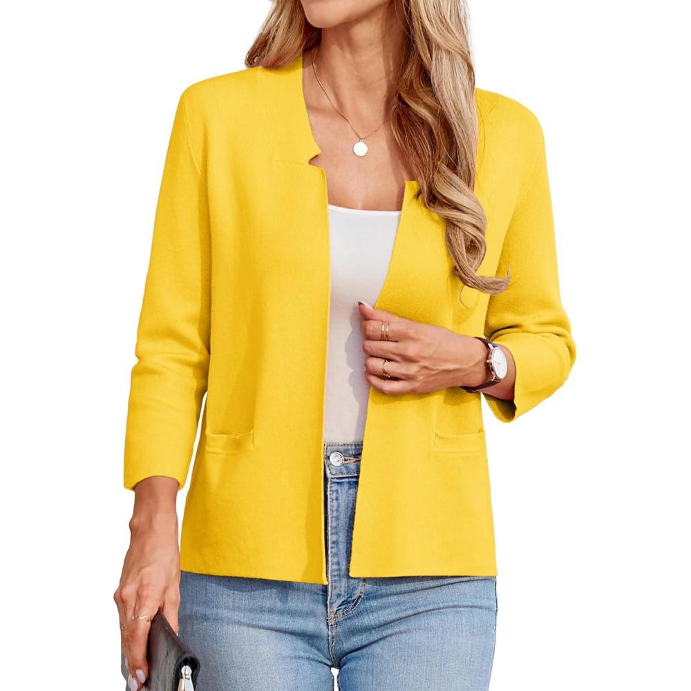 imageGRACE KARIN Women Sweater Blazer 34 Sleeve Cropped Cardigan Lightweight Notch Collar Knit Blazer Jacket Business CasualYellow