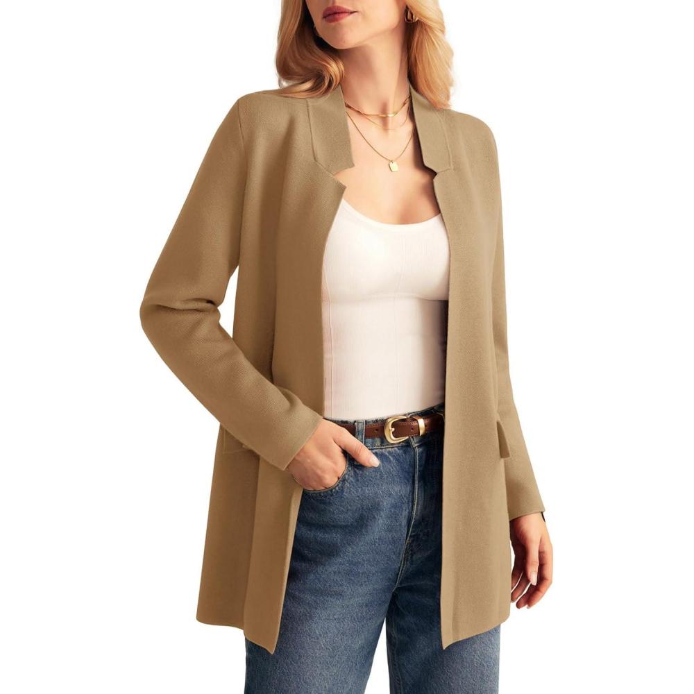 imageGRACE KARIN Womens 2025 Long Sleeve Open Front Knit Cardigan Notch Collar Sweater Blazer Jacket Fall Winter ClothingCamel
