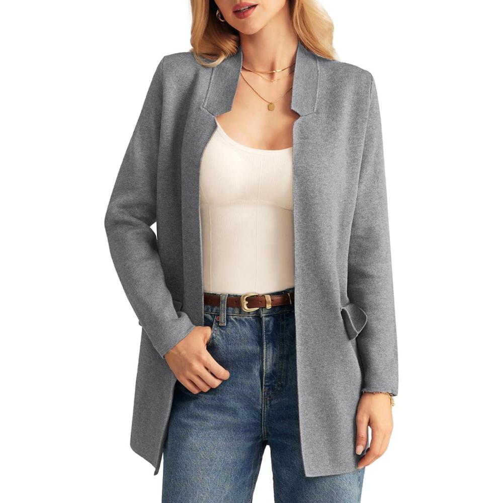 imageGRACE KARIN Womens 2025 Long Sleeve Open Front Knit Cardigan Notch Collar Sweater Blazer Jacket Fall Winter ClothingHeather Grey