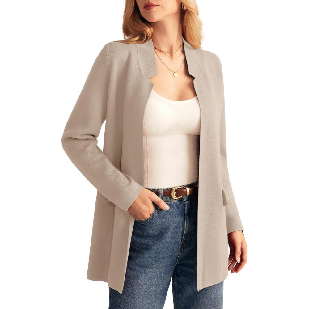 imageGRACE KARIN Womens 2025 Long Sleeve Open Front Knit Cardigan Notch Collar Sweater Blazer Jacket Fall Winter ClothingKhaki