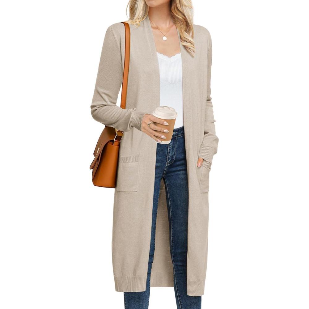 imageGRACE KARIN Womens 2026 Trendy Long Cardigans Sweater Lightweight Open Front Long Sleeve Maxi Duster Coats with PocketsApricot
