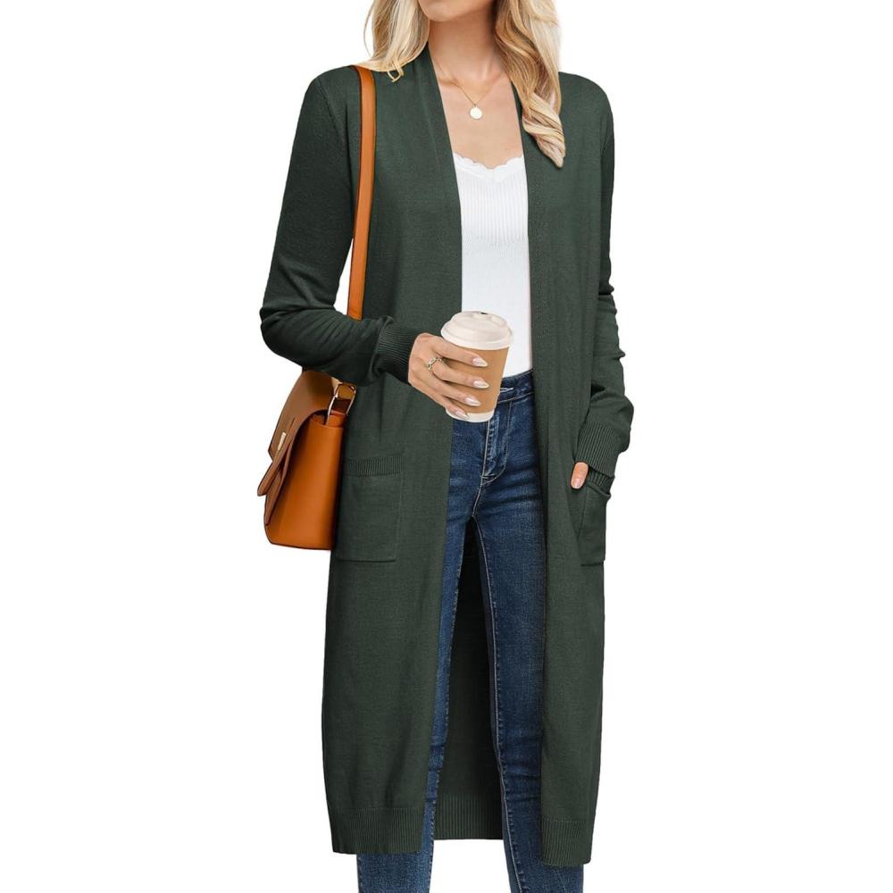 imageGRACE KARIN Womens 2026 Trendy Long Cardigans Sweater Lightweight Open Front Long Sleeve Maxi Duster Coats with PocketsArmy Green