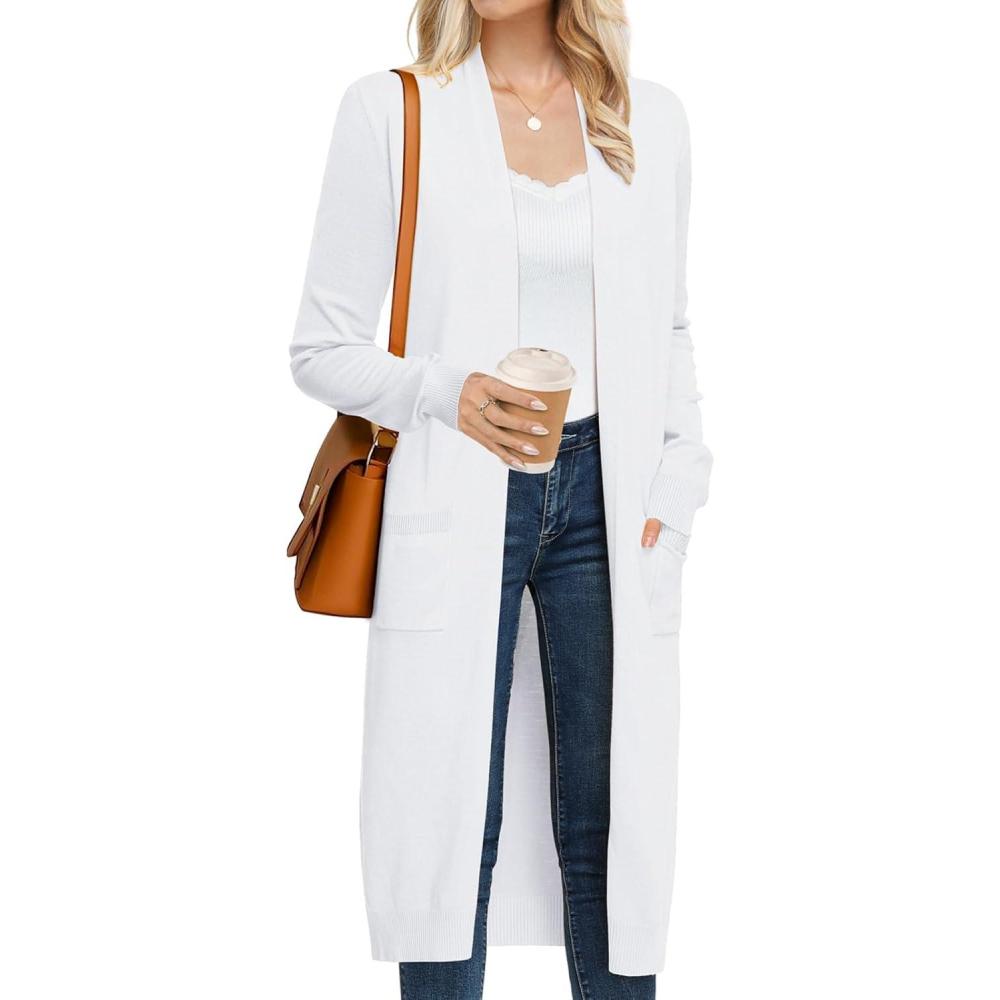 imageGRACE KARIN Womens 2026 Trendy Long Cardigans Sweater Lightweight Open Front Long Sleeve Maxi Duster Coats with PocketsBright White