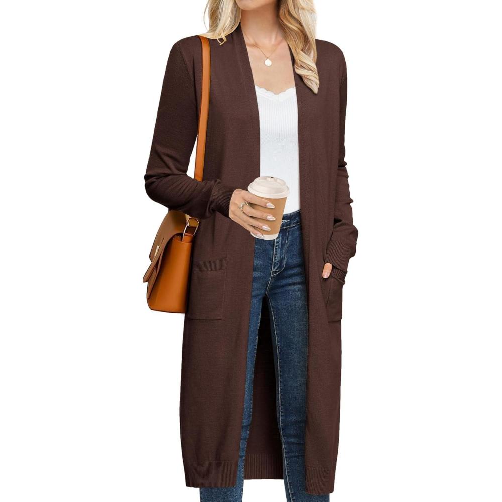 imageGRACE KARIN Womens 2026 Trendy Long Cardigans Sweater Lightweight Open Front Long Sleeve Maxi Duster Coats with PocketsCoffee Brown