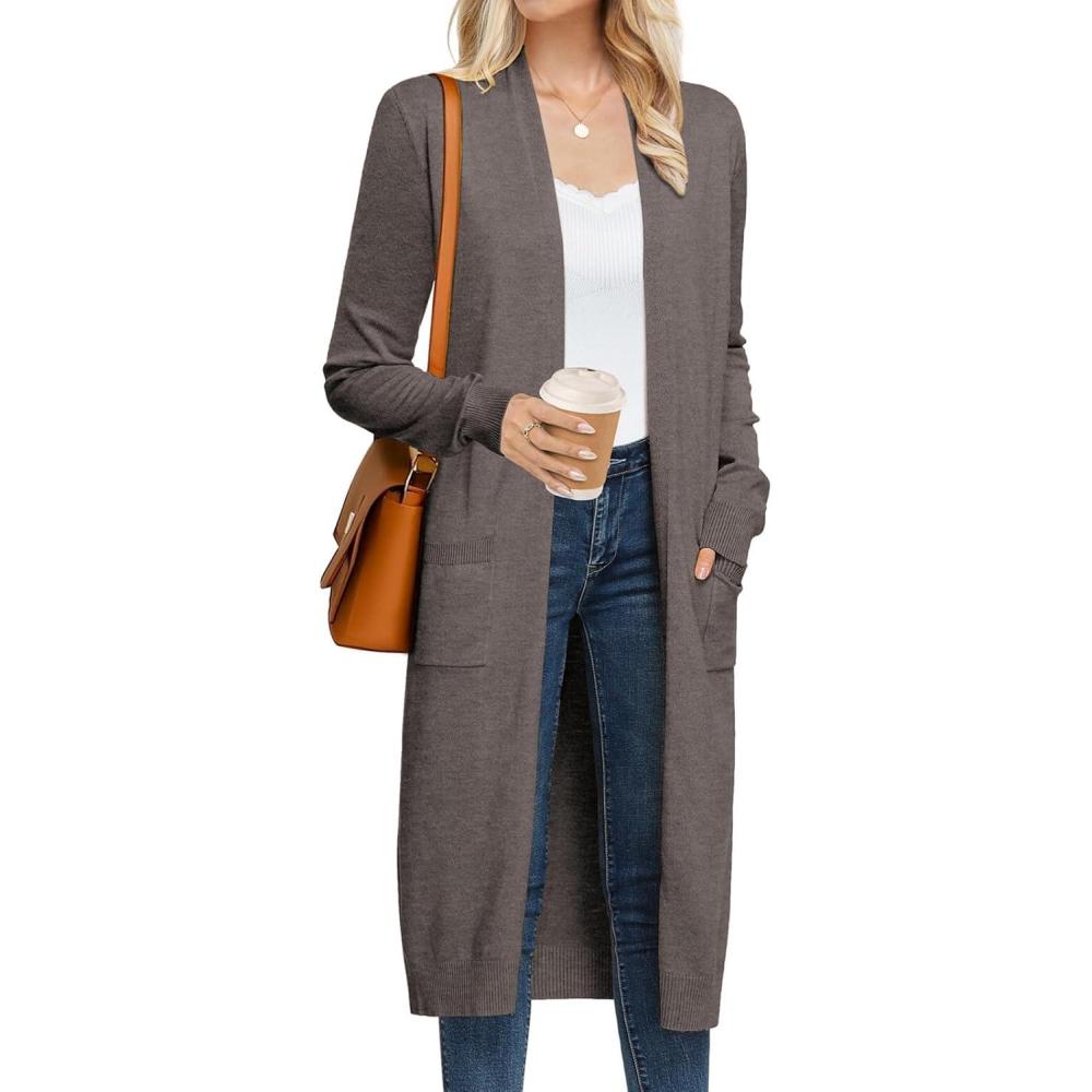 imageGRACE KARIN Womens 2026 Trendy Long Cardigans Sweater Lightweight Open Front Long Sleeve Maxi Duster Coats with PocketsCoffee Grey