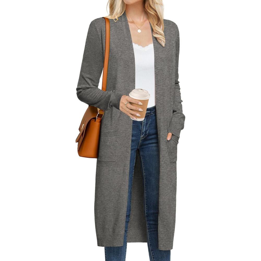 imageGRACE KARIN Womens 2026 Trendy Long Cardigans Sweater Lightweight Open Front Long Sleeve Maxi Duster Coats with PocketsDark Grey