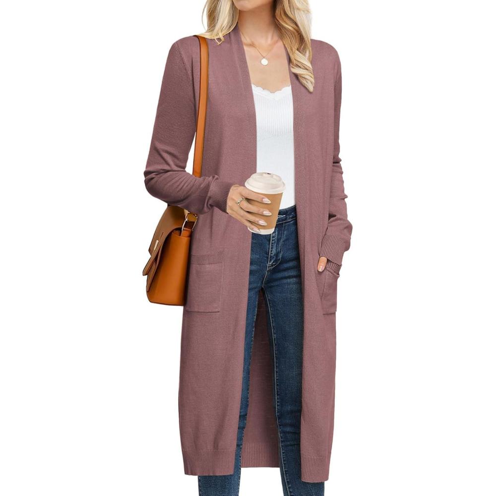 imageGRACE KARIN Womens 2026 Trendy Long Cardigans Sweater Lightweight Open Front Long Sleeve Maxi Duster Coats with PocketsGray Pink