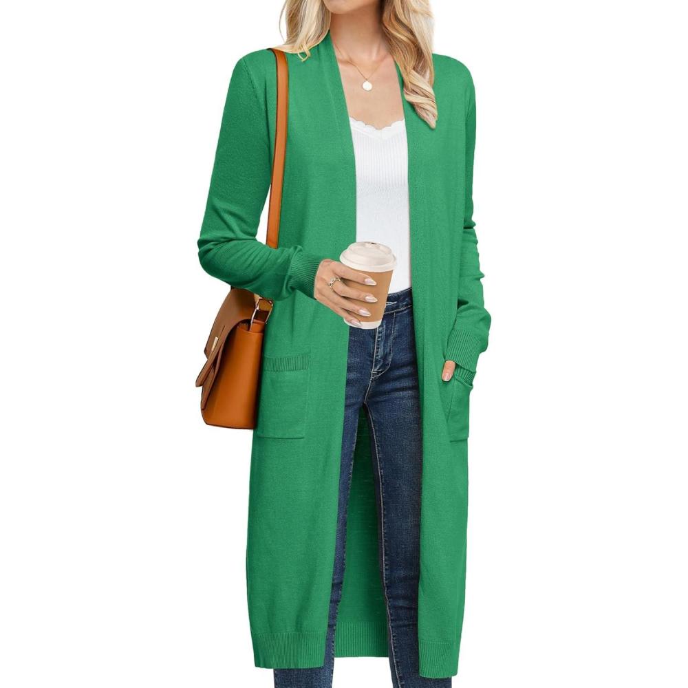 imageGRACE KARIN Womens 2026 Trendy Long Cardigans Sweater Lightweight Open Front Long Sleeve Maxi Duster Coats with PocketsGreen
