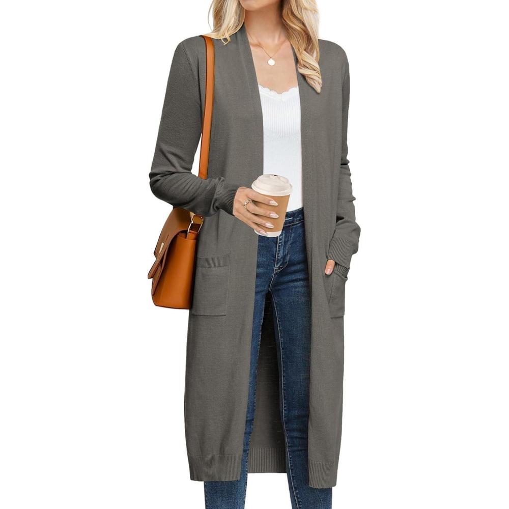 imageGRACE KARIN Womens 2026 Trendy Long Cardigans Sweater Lightweight Open Front Long Sleeve Maxi Duster Coats with PocketsGrey
