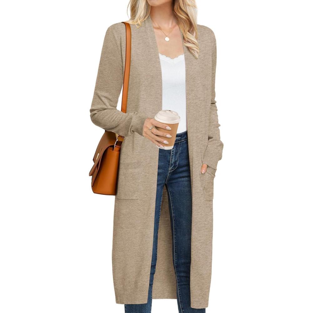 imageGRACE KARIN Womens 2026 Trendy Long Cardigans Sweater Lightweight Open Front Long Sleeve Maxi Duster Coats with PocketsKhaki