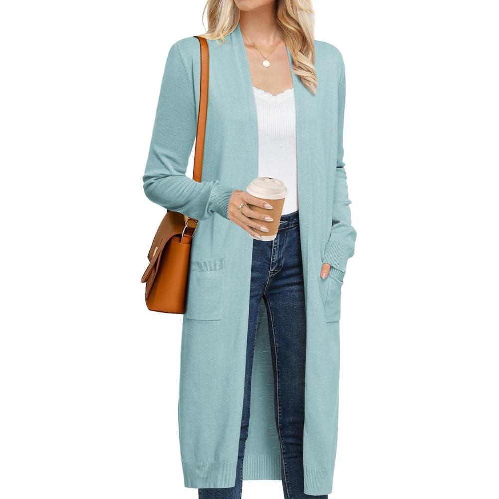 imageGRACE KARIN Womens 2026 Trendy Long Cardigans Sweater Lightweight Open Front Long Sleeve Maxi Duster Coats with PocketsLight Blue Grey